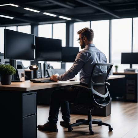 Mężczyzna siedzi przy biurku, na którym stoją trzy monitory - ergonomia Power Safety