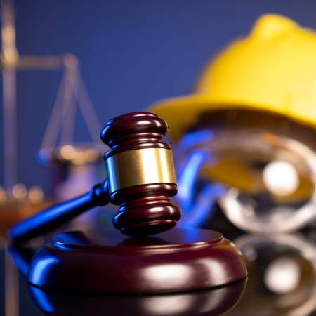 Młotek sędziego leży na stole, obok gogle oraz żółty hełm bhp - obowiązki pracodawcy w zakresie BHP Power Safety