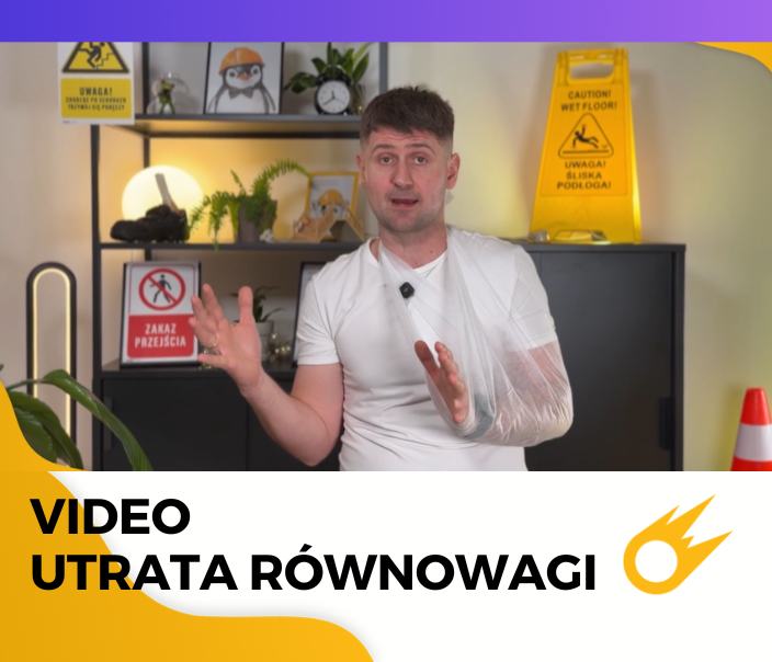 Mężczyzna w białej koszulce i z założonym temblakiem gestykuluje - Power Safety bhp