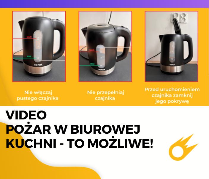 Czajnik elektryczny Tefal stoi na stole - Power Safety, pożary w biurze, w biurowej kuchni